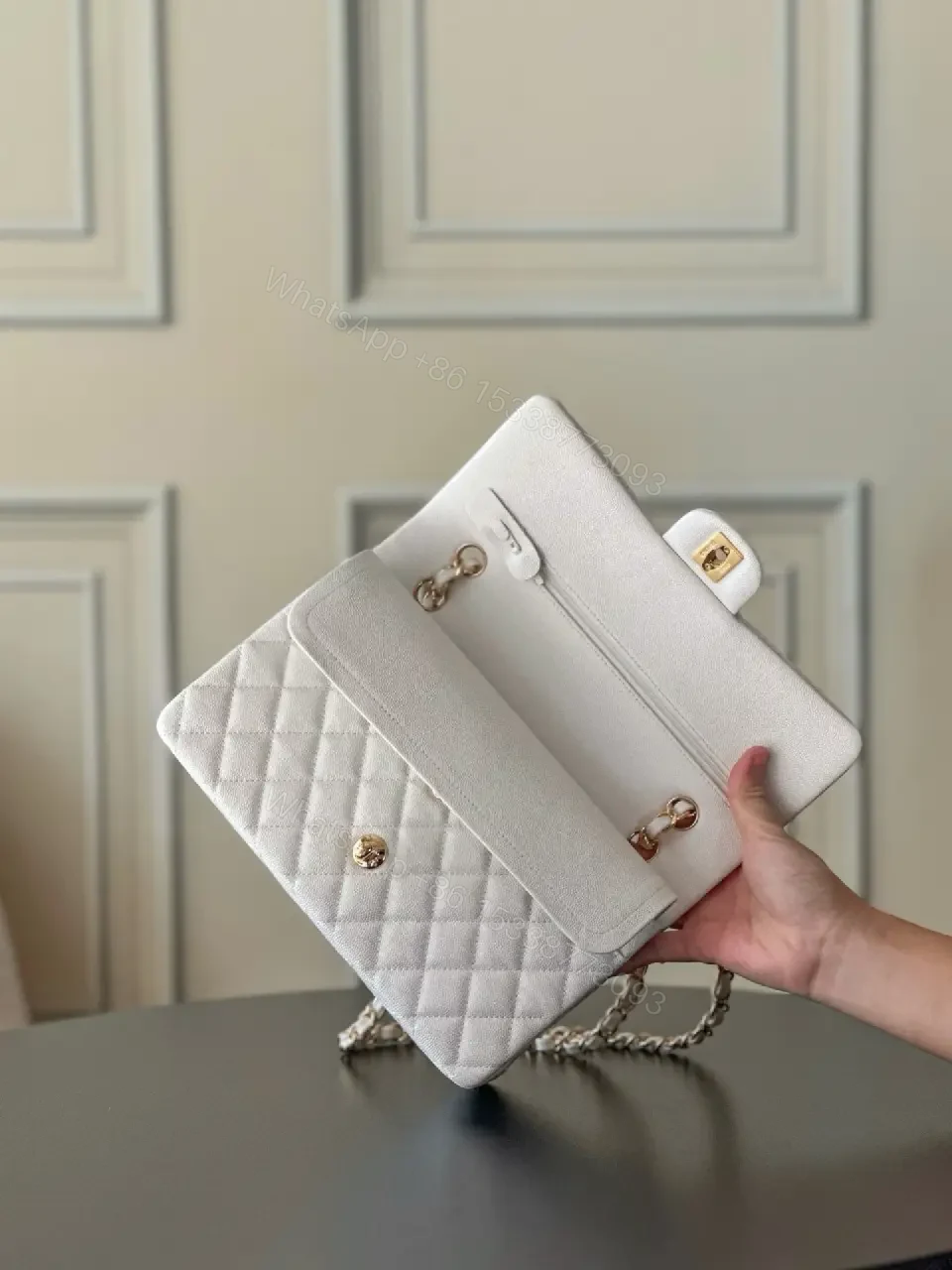 View 5 of Grey quilted leather chain-strap shoulder bag, luxury monogram-inspired pattern for everyday elegance