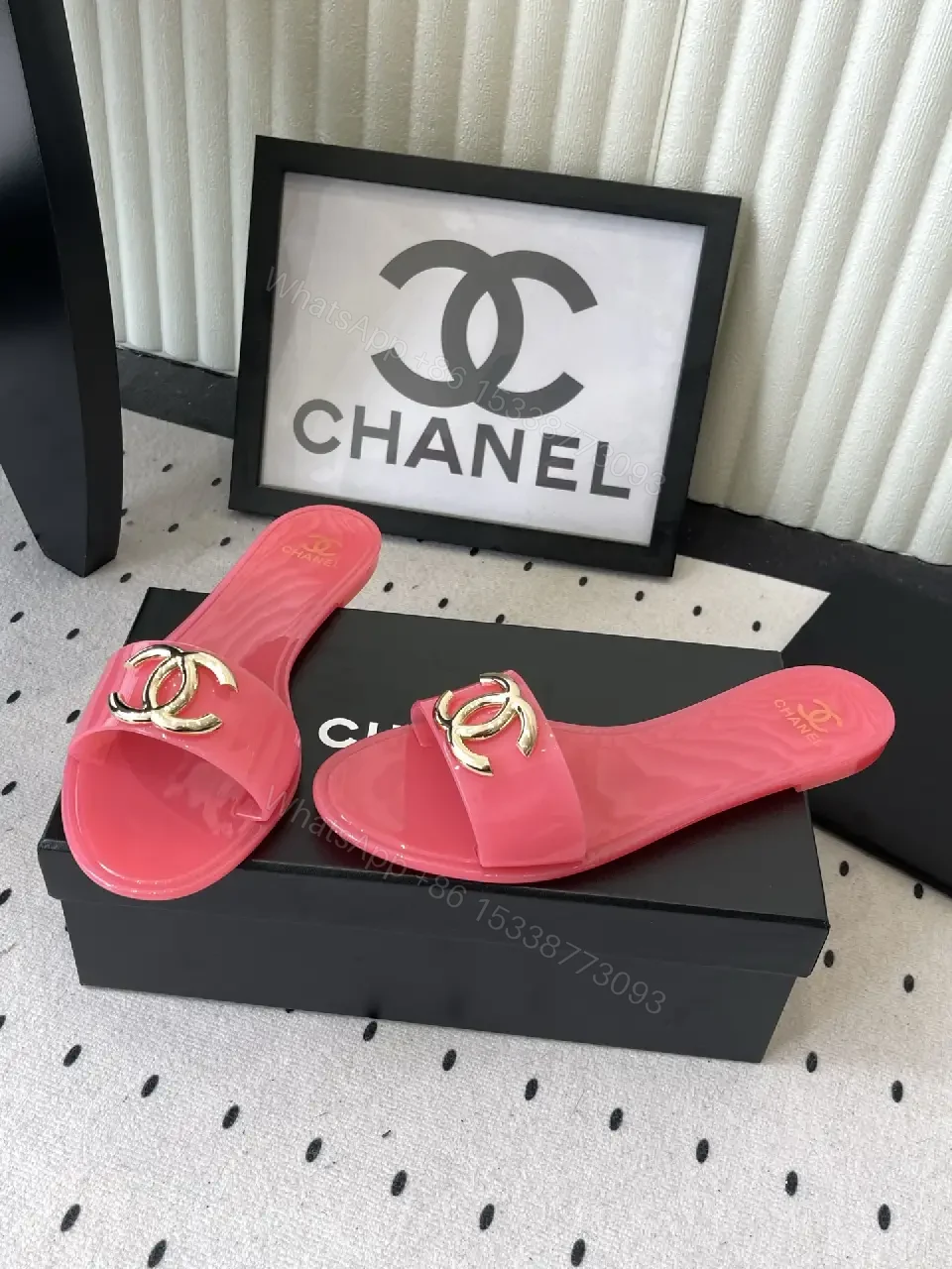 View 5 of Pink Plastic Slide Sandals Gold Logo Chanel Style Luxury Comfort Sandals