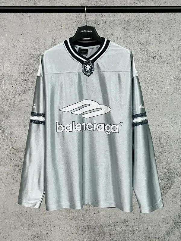 Metallic Silver Balenciaga-Style Jersey: Bold Graphic, Relaxed Fit — view 1