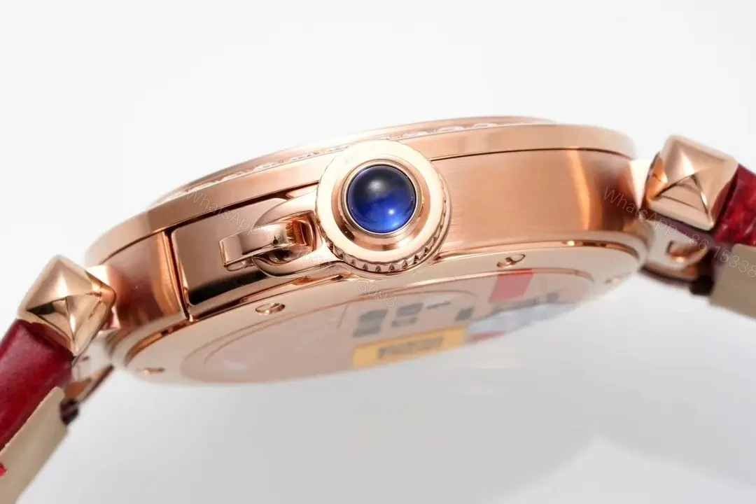 View 6 of K11 Factory Cartier Pasha de Cartier Women’s Watch, 30mm, Rose Gold with Diamond Bezel, Red Leather Strap, Blue Steel Hands