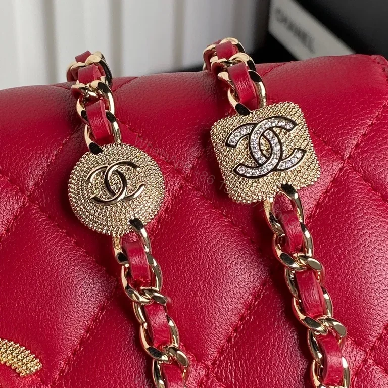 View 8 of Chanel-Style Quilted Flap Bag with Gold Chain (Red)