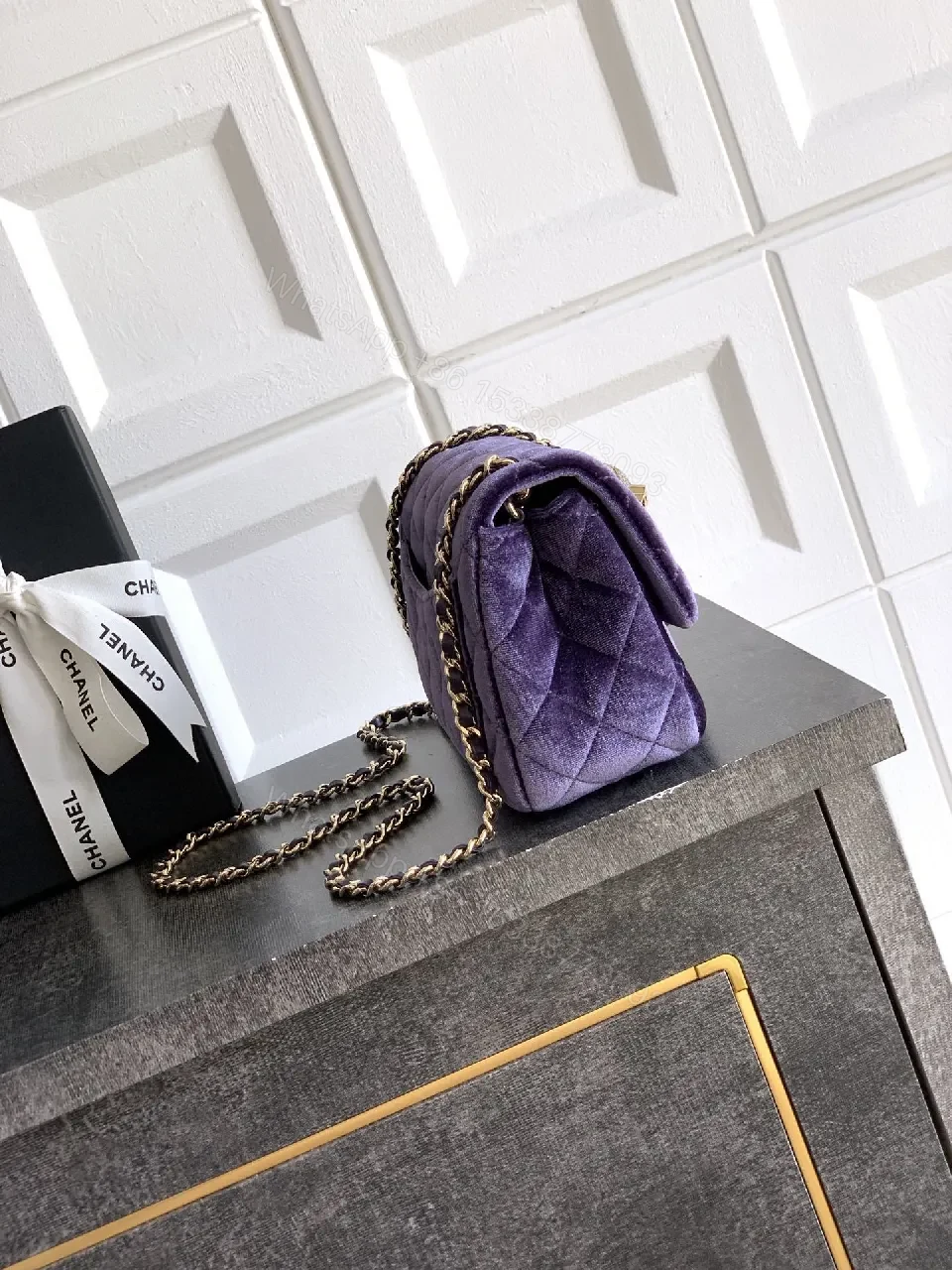 View 5 of Purple Velvet Quilted Shoulder Bag with Gold Hardware