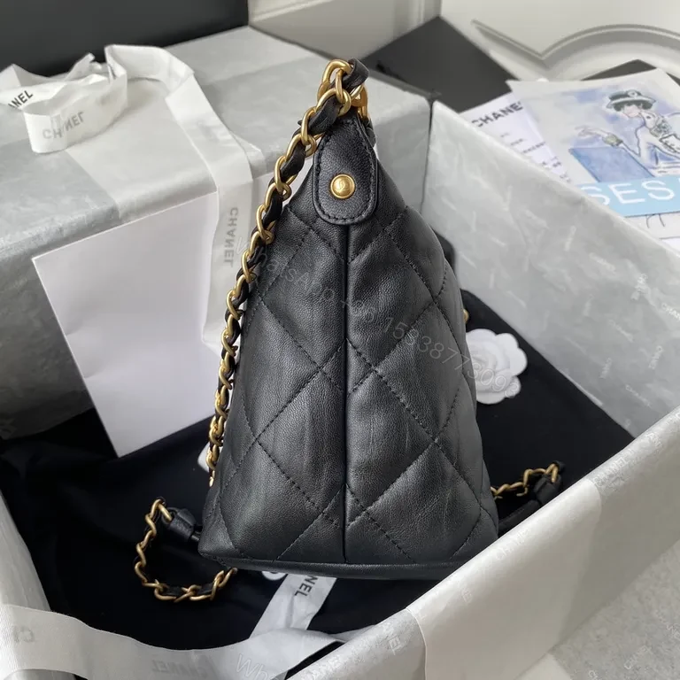 View 5 of Chanel-Inspired Quilted Black Leather Bag with Chain