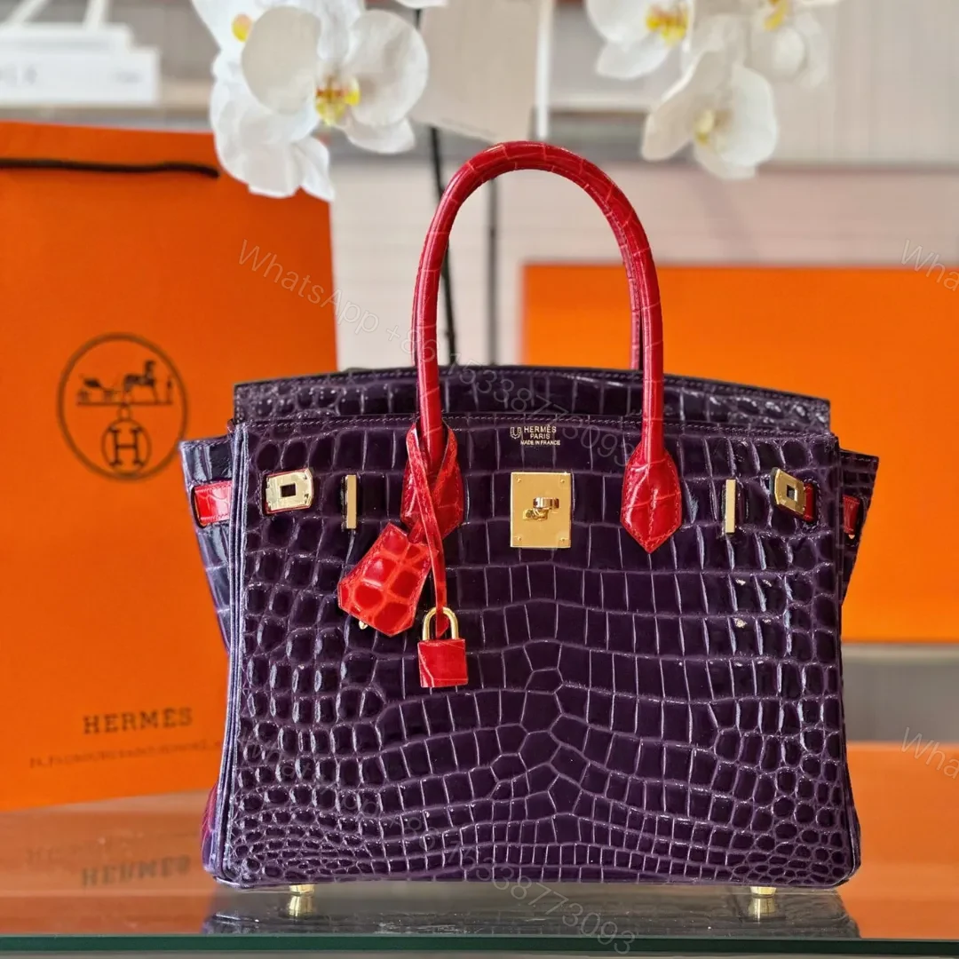 HN 30 Purple/Red Genuine Crocodile Leather Gold Hardware — view 1