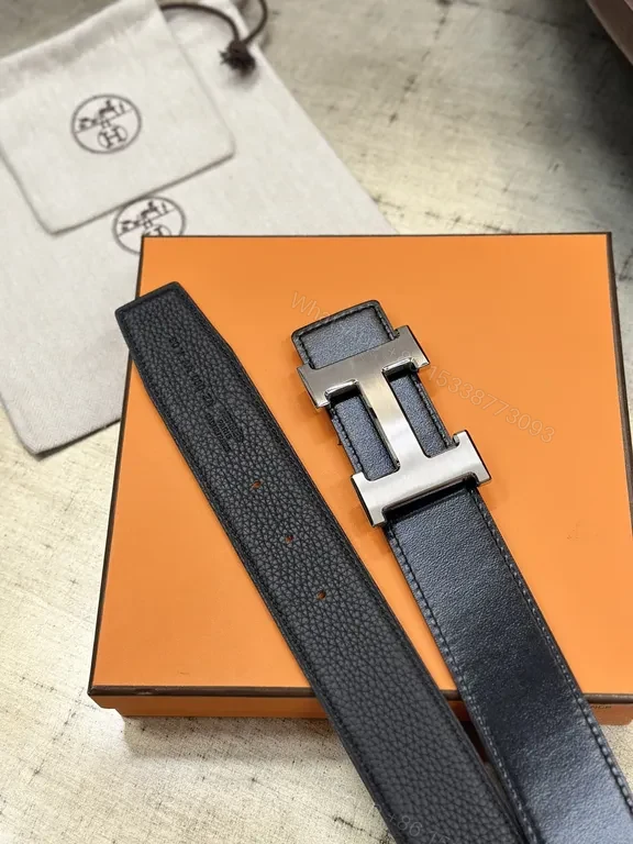 View 7 of Black Leather Hermes-Style H Buckle Belt - Modern Luxury Everyday Versatility