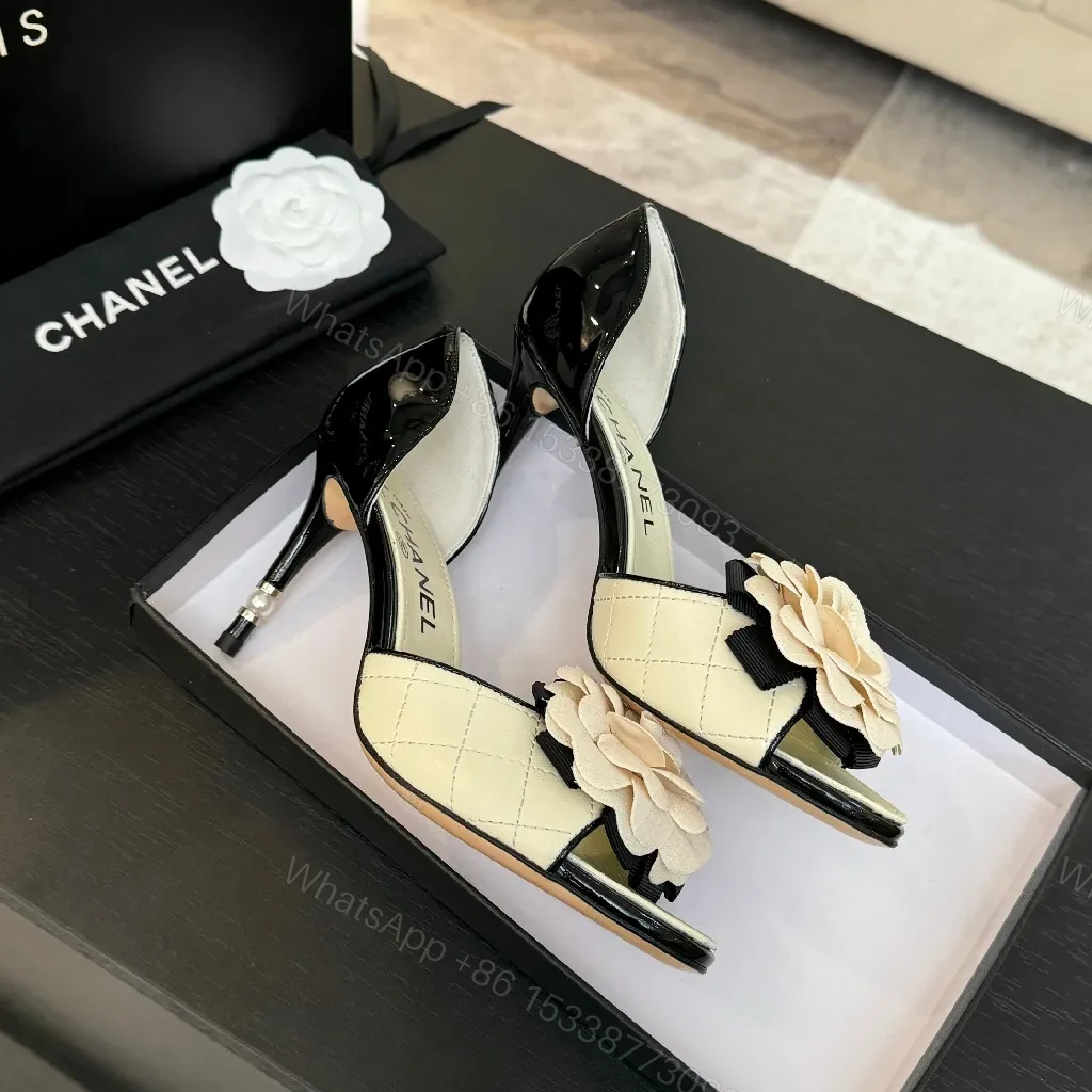 View 4 of Cream Quilted Leather Heels with Flower Accent, Open-Toe, Kitten Heel