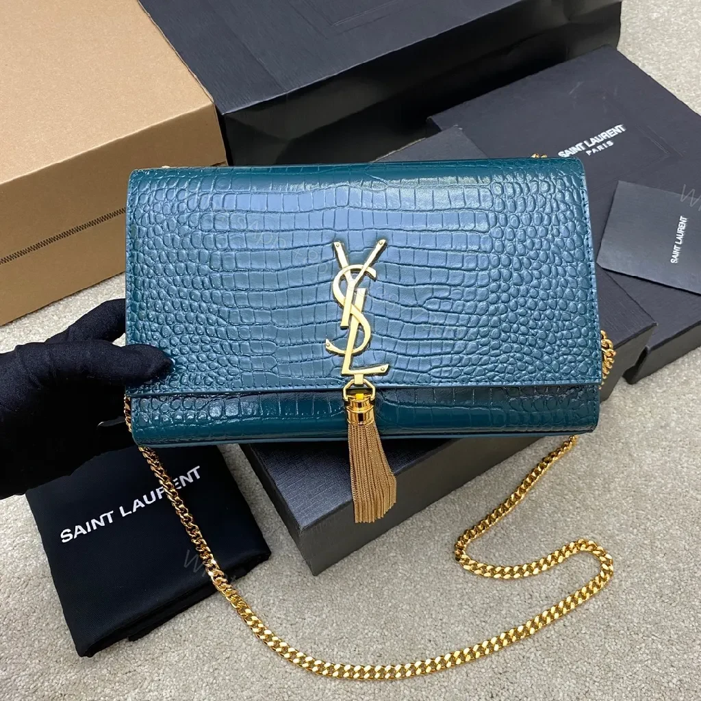 Teal Croc-Texture Evening Bag with Gold Monogram Clasp — view 1