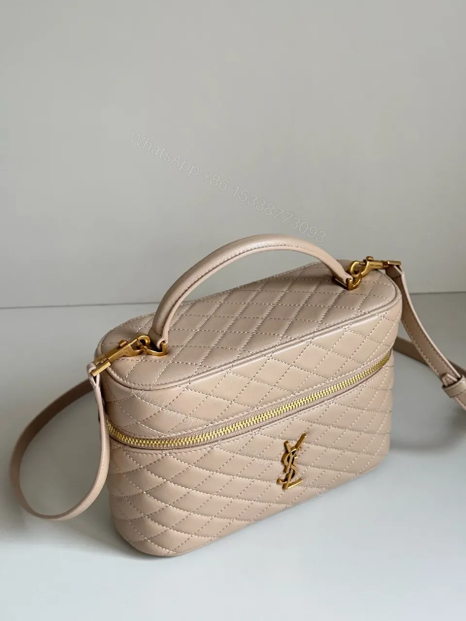 View 5 of Quilted Blush Mini Bag with Gold Hardware, Elegant Crossbody