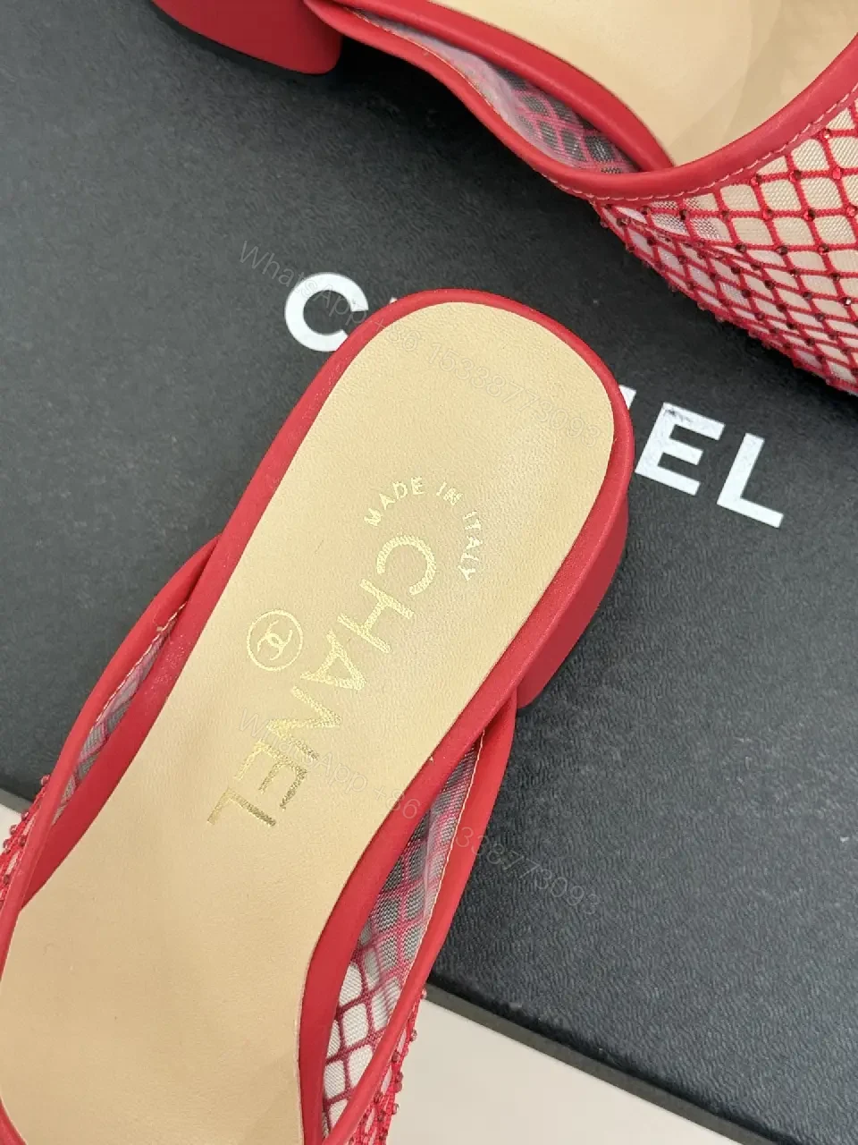 View 7 of Red Mesh Mules Silver CC Logo, Block Heel, Chanel Style Shoes