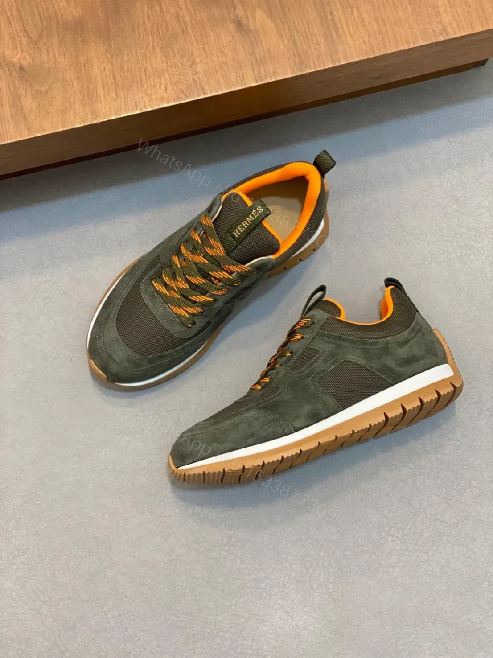 Dark Olive Suede & Mesh Sneakers – Low-Profile Chevré Neon Accent — view 1