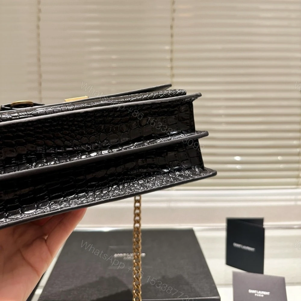 View 6 of Saint Laurent Sunset Medium Chain Bag In Crocodile-Embossed Black 22Cm 442906DND0J1000