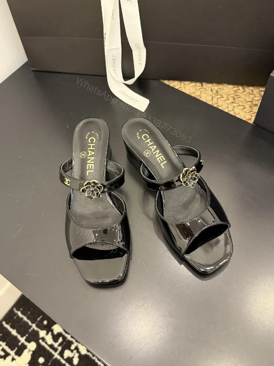 View 6 of Glossy Satin Mules with Crystal Rose Accent - Open-Toe, Low Heel
