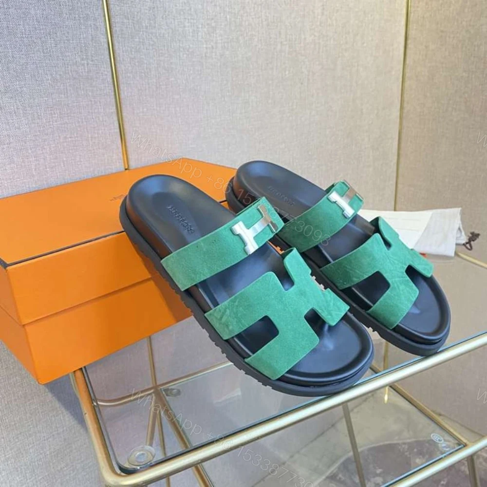 View 3 of Hermes Chypre Sandal Suede H Logo Silver Hardware Green