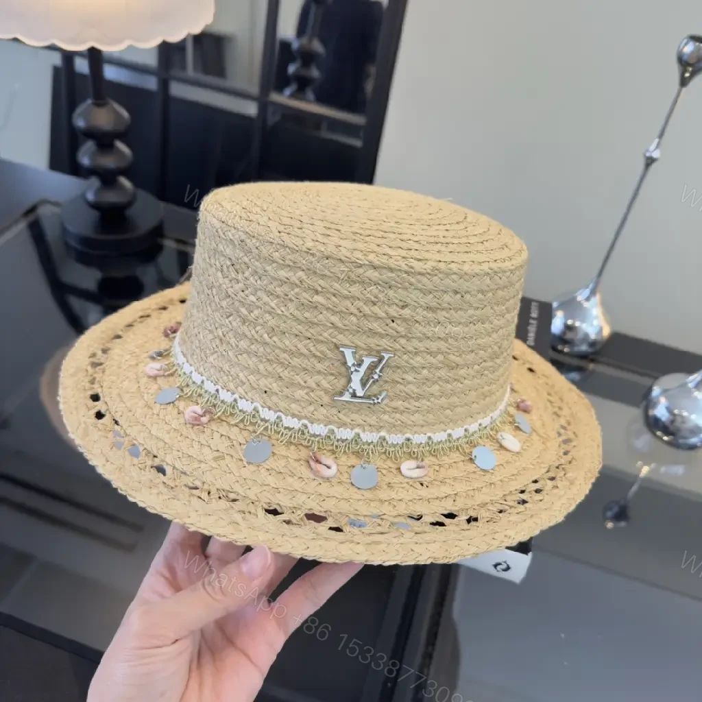 View 10 of Natural Beige Straw Boater Hat with Silver LV Charm, Chic Wide Brim