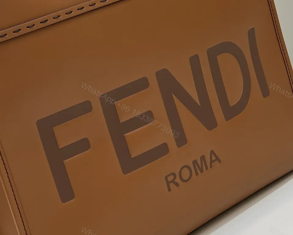 View 8 of Structured Cognac Leather Tote: Bold FENDI ROMA Logo, Premium Structure