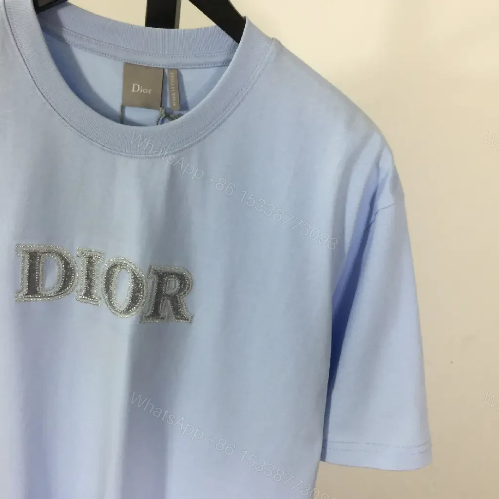 View 5 of Light Blue Oversized Tee with Sparkling DIOR Logo Embroidery, Short-Sleeve, Relaxed Fit