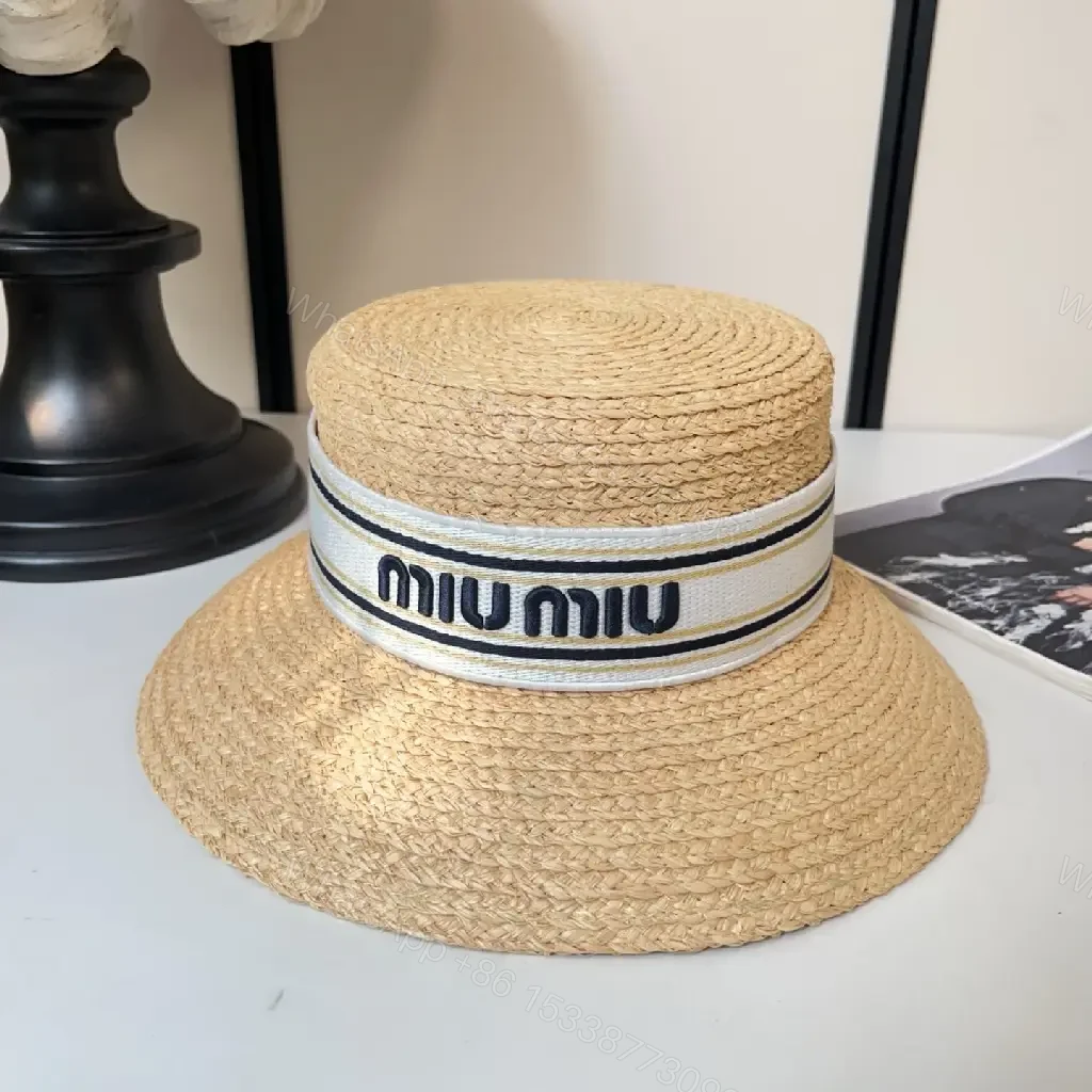 View 10 of Light Tan Straw Hat Wide Brim Flat Crown White Band Blue Stripes MIU MIU Visor Hat