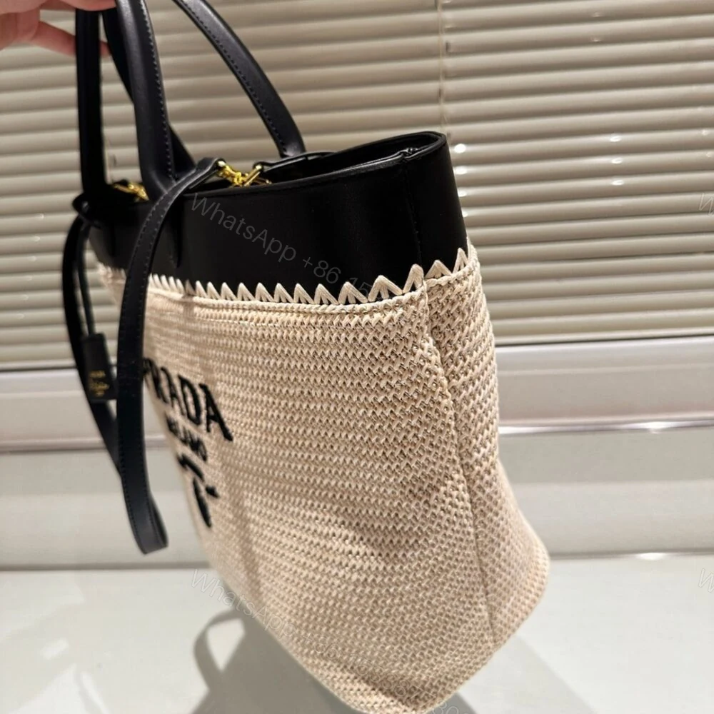 View 3 of Prada Crochet And Leather Tote Bag Tan And Black 33Cm 1BG499 2M2Q F0I55 V GOO