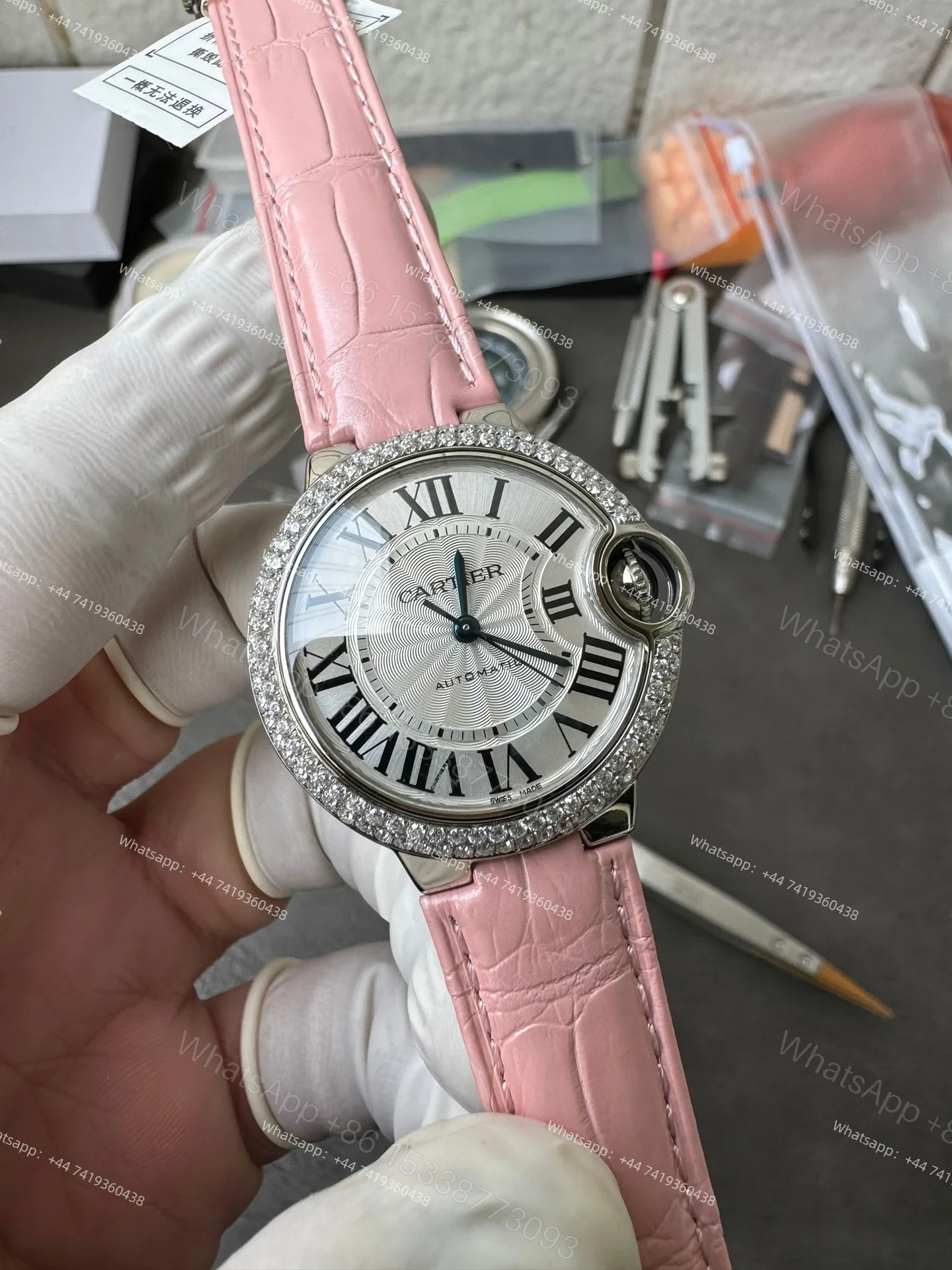 View 3 of Cartier Super Clone Ballon Bleu Diamond Bezel 33MM Pink Leather Strap