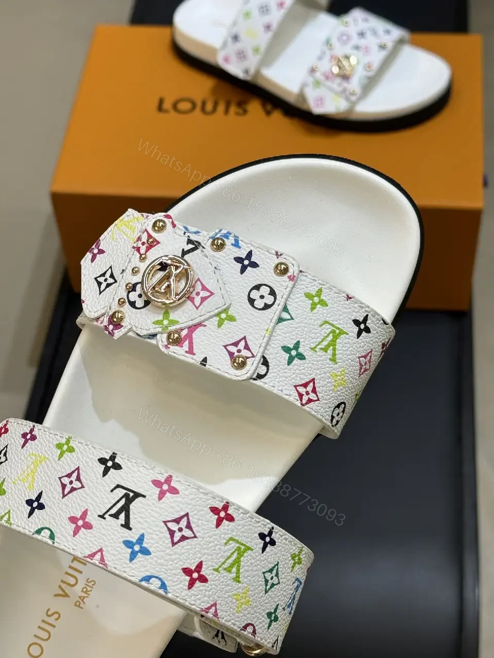 View 2 of White Multicolor LV Logo Sliders Comfort Footbed Sandals