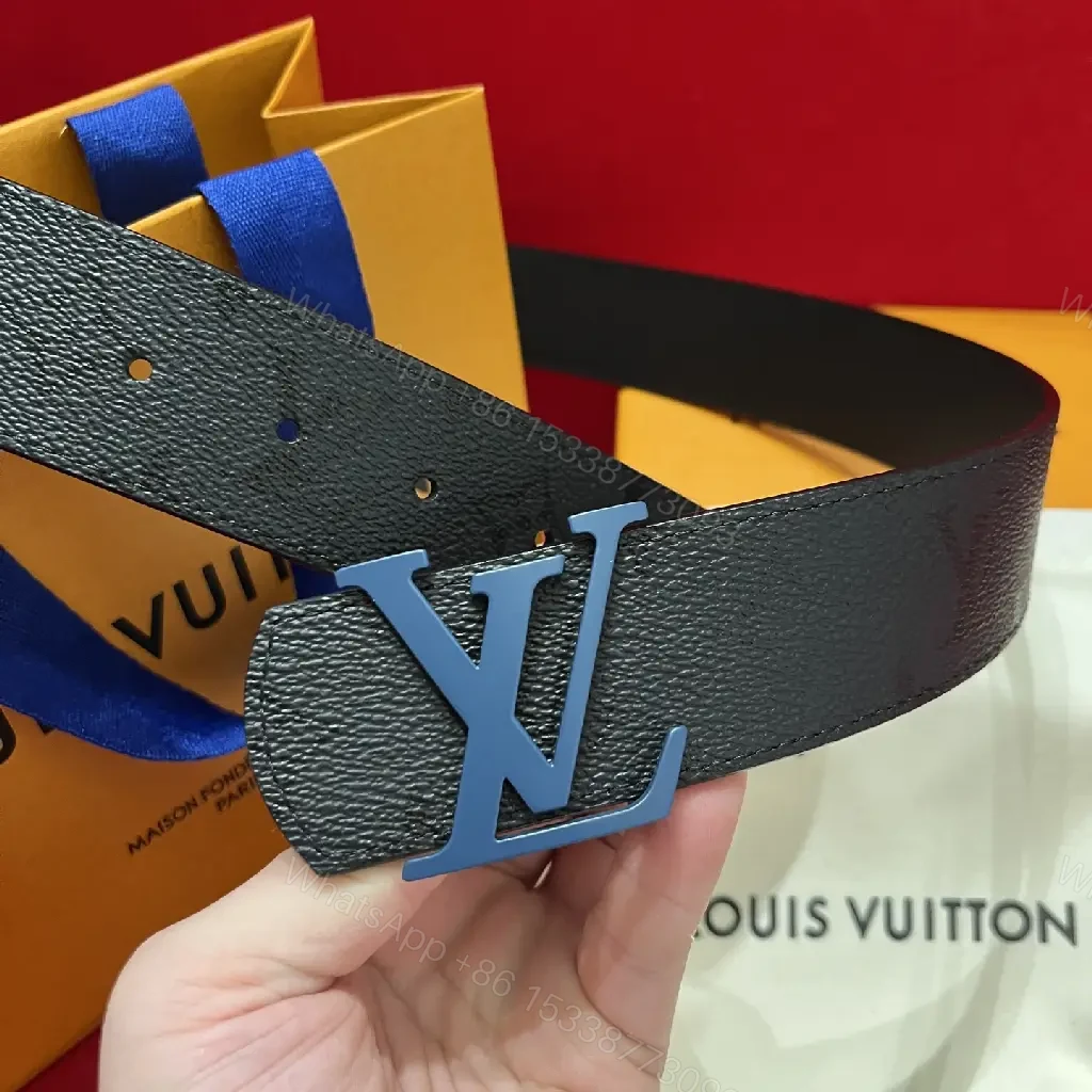 View 8 of Black Leather Belt with Oversized Blue LV Buckle