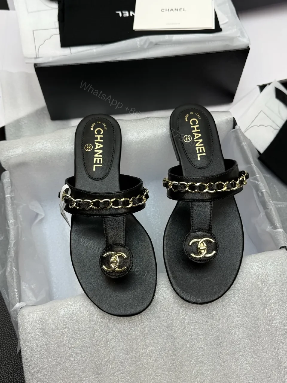 Black Leather Chain Sandals, Gold-Tone Detail, Open-Toe, Comfort — view 1