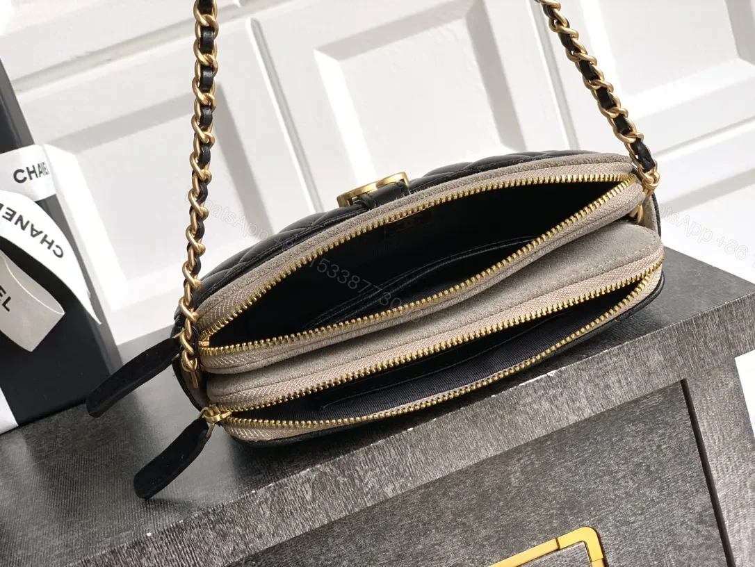 View 2 of Quilted Leather Shoulder Bag: Gold Emblem, Two-Tone