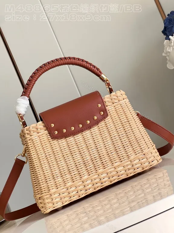 View 2 of Chic Straw Handbag with Leather Trim and LV Emblem