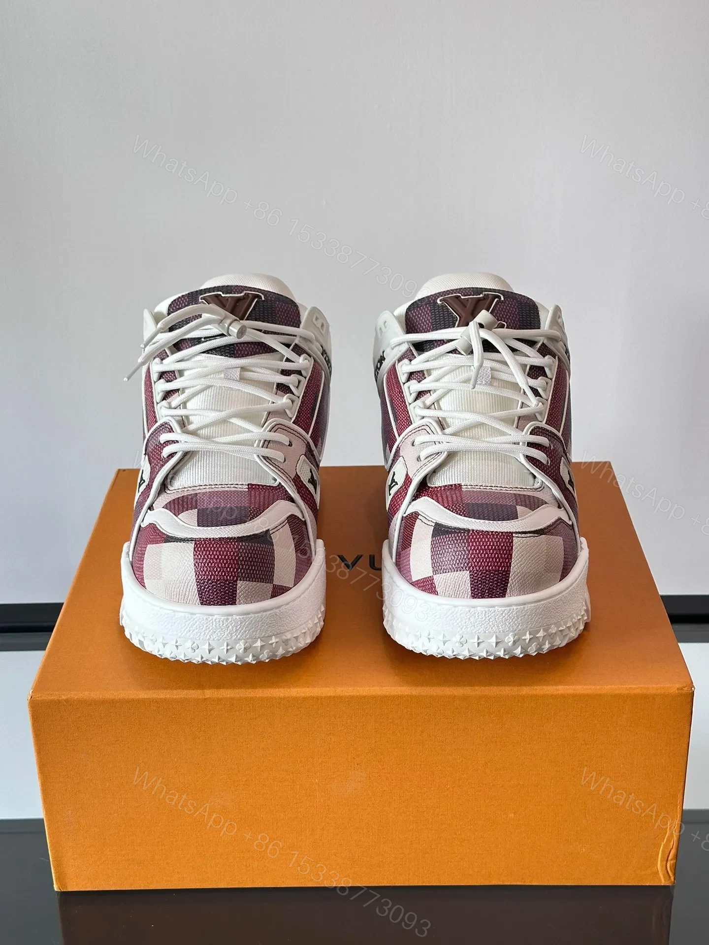 View 2 of LV Men Burgundy Canvas White Leather Sneakers