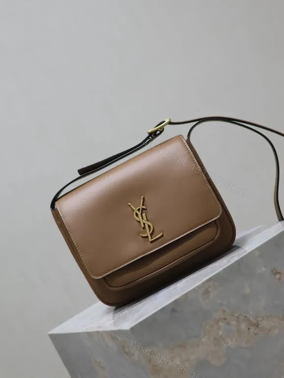 View 2 of Taupe Structured Leather Messenger Bag with Gold Logo, Minimalist Style