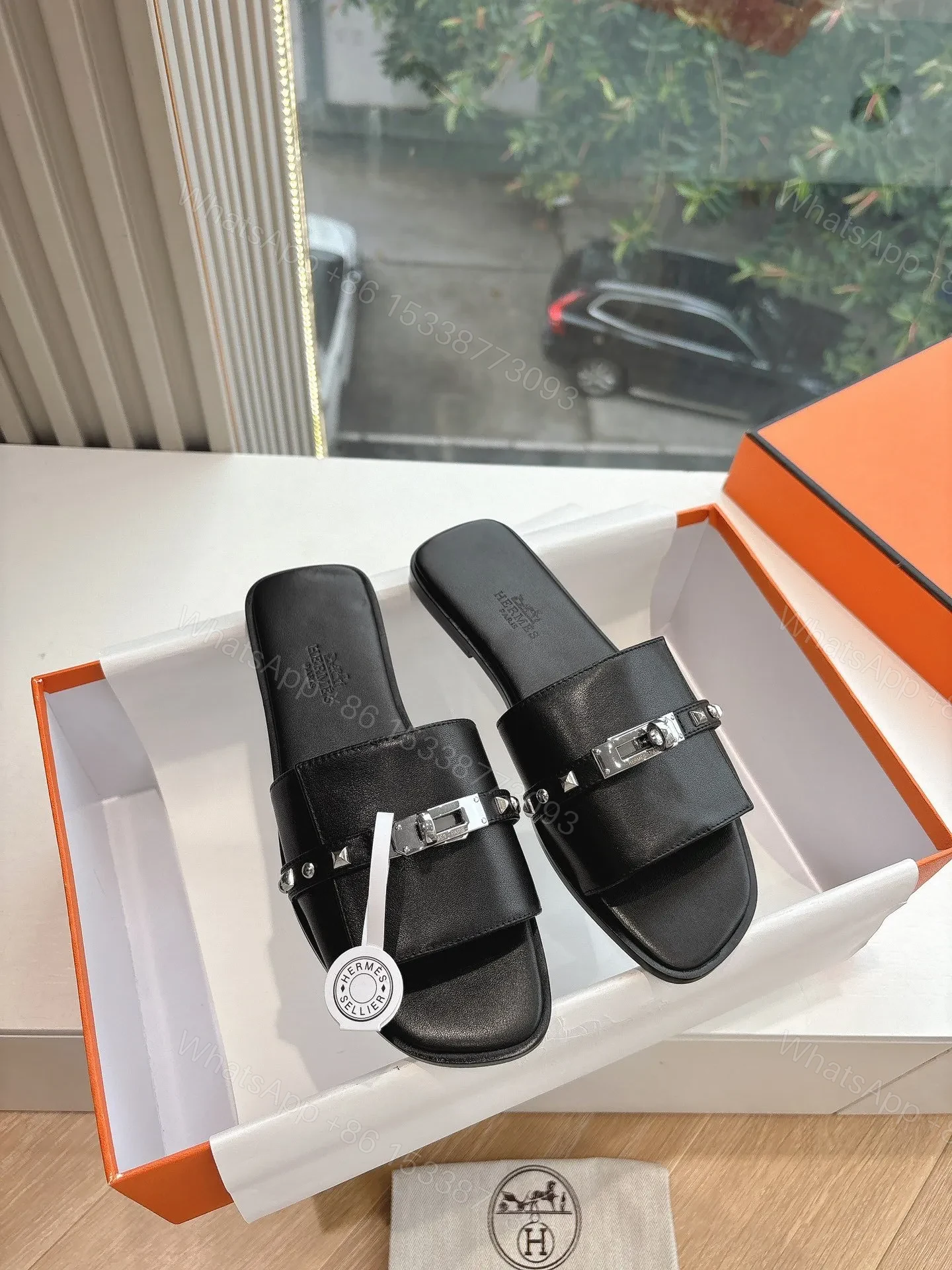 View 3 of Hermes Women Black Leather Slide Sandals