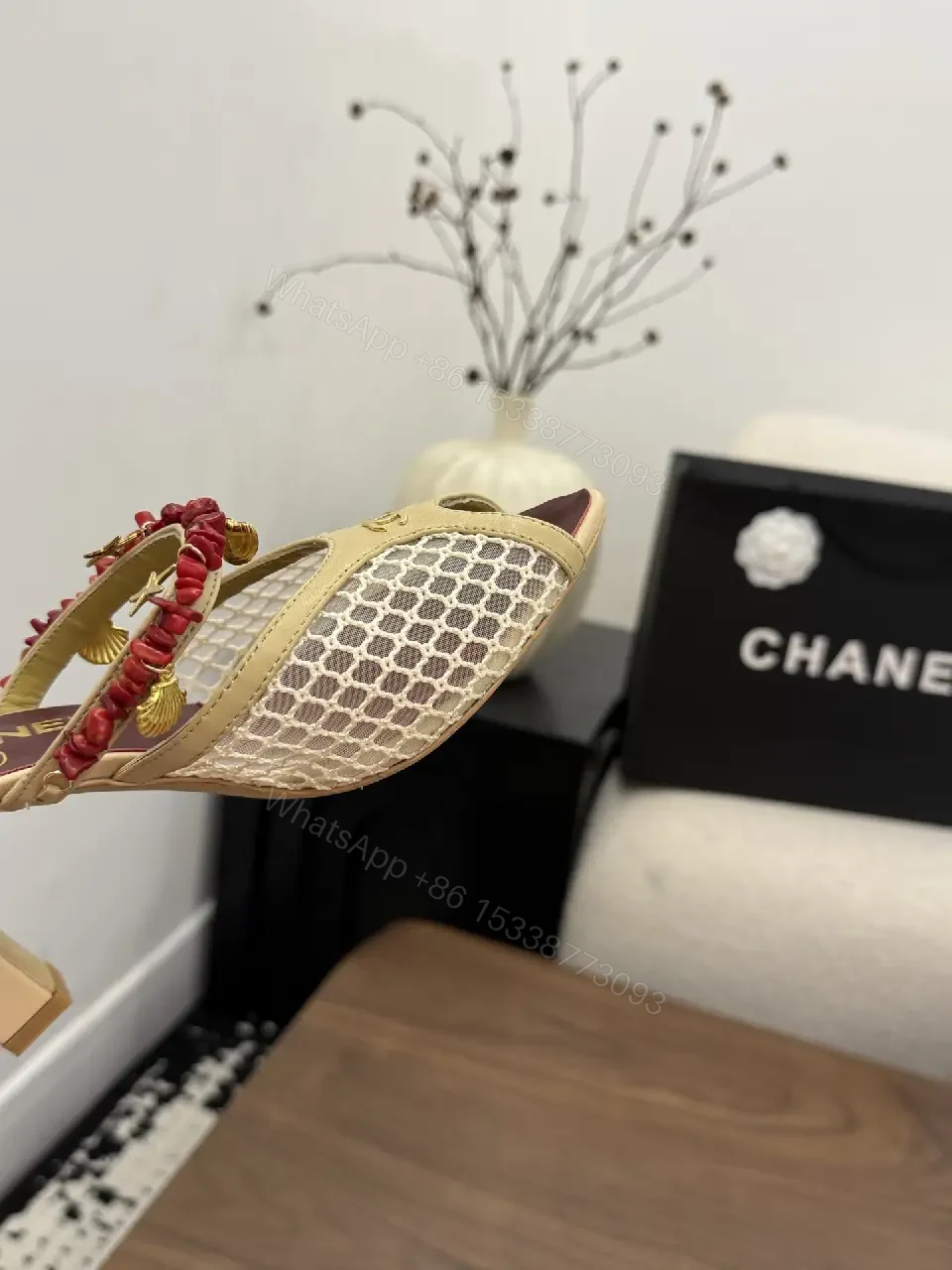 View 2 of Beige Mesh Leather Vintage Red Embellishments Chanel Heels