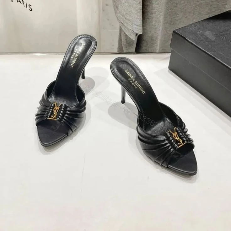 View 3 of Saint Laurent Opyum Style Pleated Mule Heels – Burgundy & Black Patent Finish