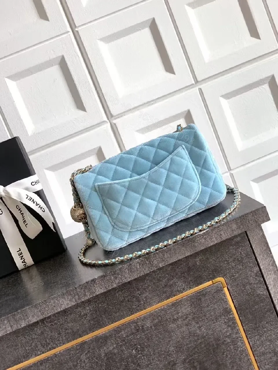 View 4 of Pastel Blue Quilted Box Bag with Chain Strap - Luxe Elevation