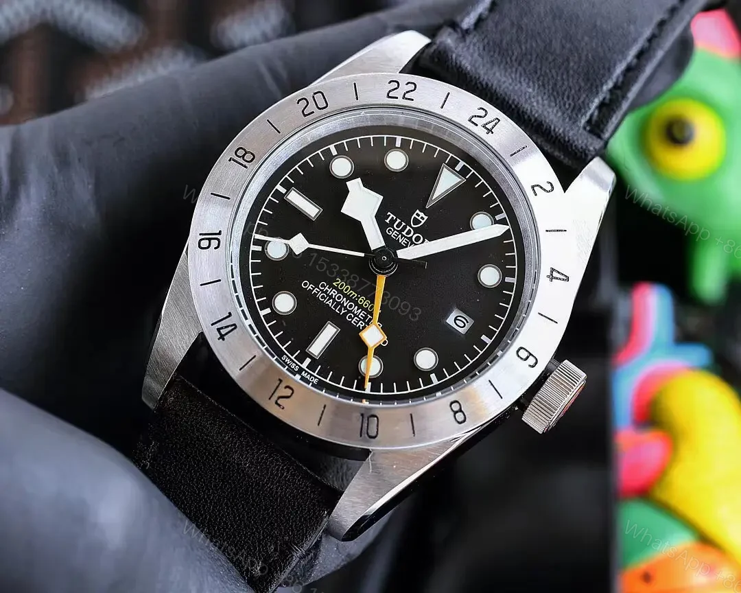 View 3 of Tudor Qichen GMT Black Dial 24-Hour Bezel Leather Strap Premium 42MM TUDOR-BB-GMT-42-BLK-LEATHER