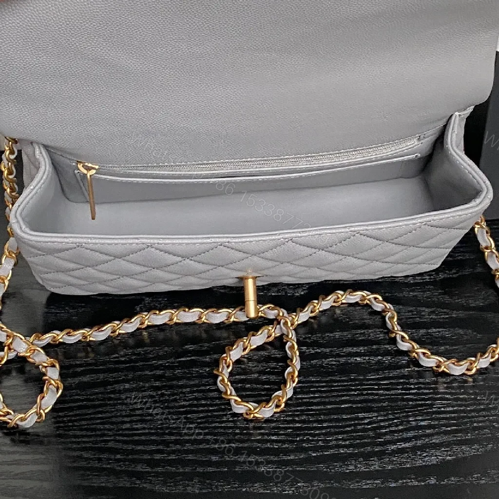 View 3 of Gray Quilted Crossbody — Gold Chain, Turn-Lock, Everyday Luxury