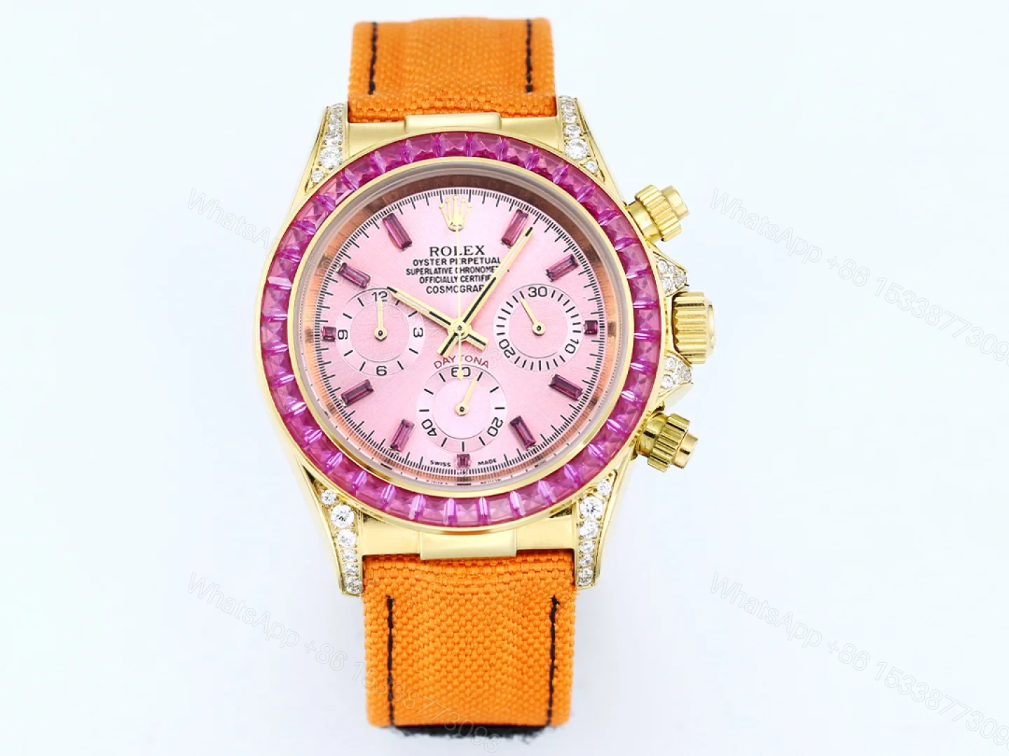 Rolex Daytona Pink Ruby OrangeStrap Replica 43MM Exclusive Gold Case Edition RG-ROLEX-DAYTONA-PINK-RUBY-PINK-43 — view 1