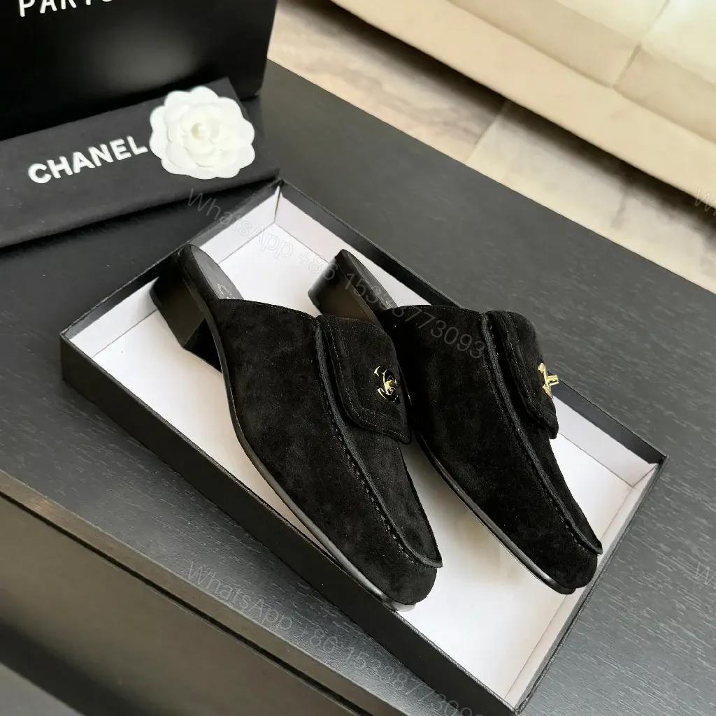 View 3 of Black Suede Slip-Ons with Gold Chanel Logo Moccasins