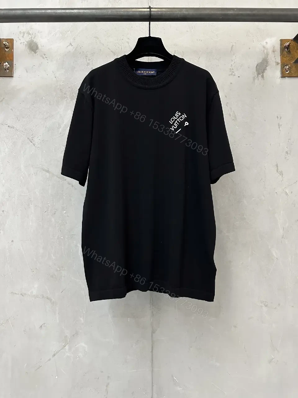 View 8 of Black Plain Knit Short-Sleeve Crew-Neck T-Shirt with Logo Accent