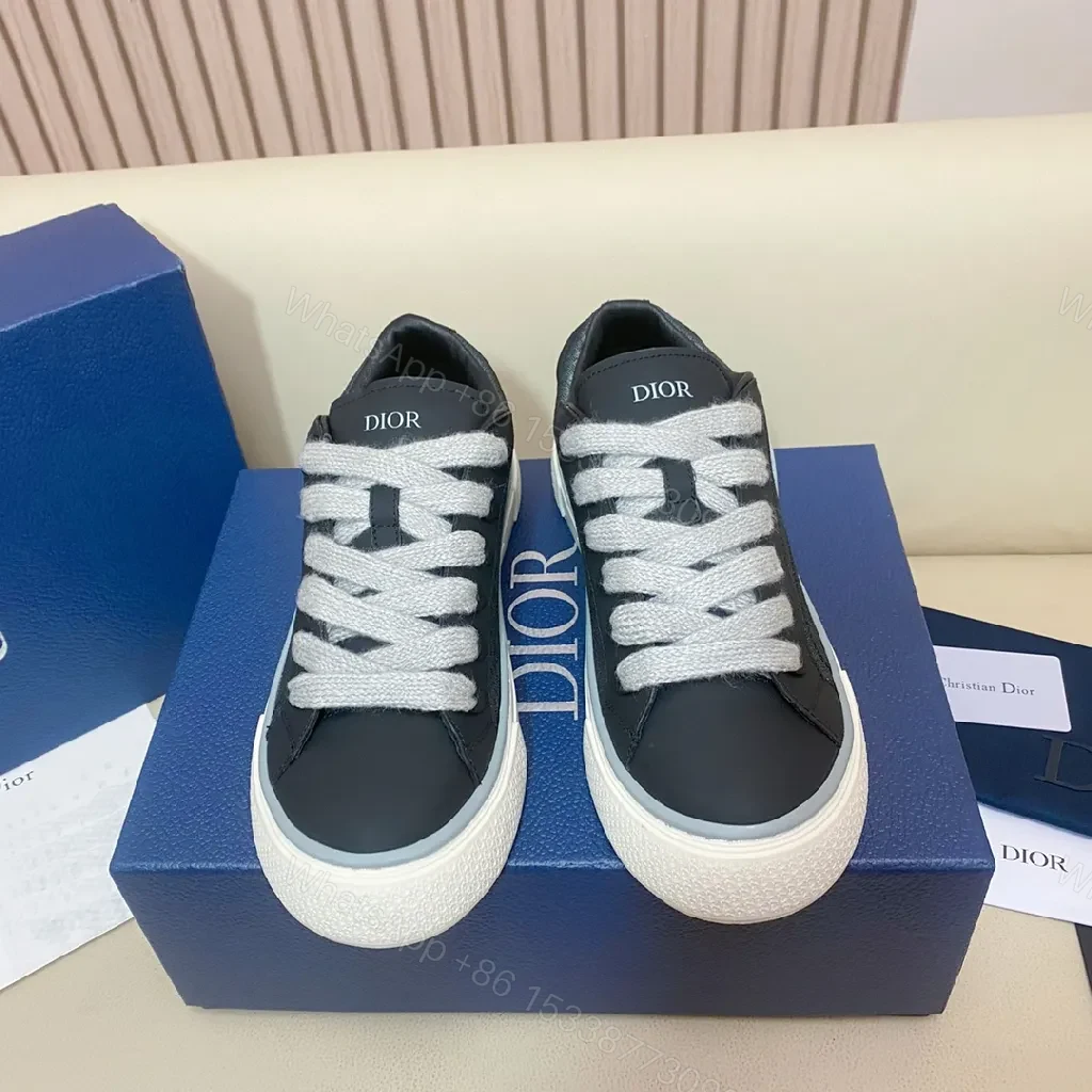 Black Leather Trainers, Dior-Style High-Tops, Bold Branding, Luxury Casual Sneakers — view 1