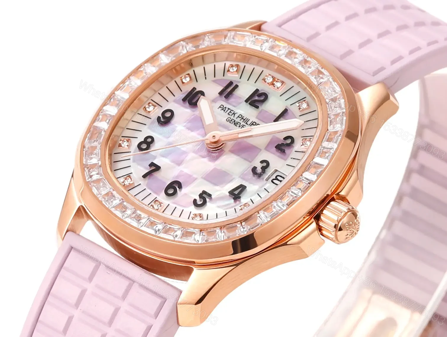 View 3 of Patek Philippe Aquanaut Mechanical Women’s Watch Pink Rubber Strap Rose Gold Case Diamond Bezel