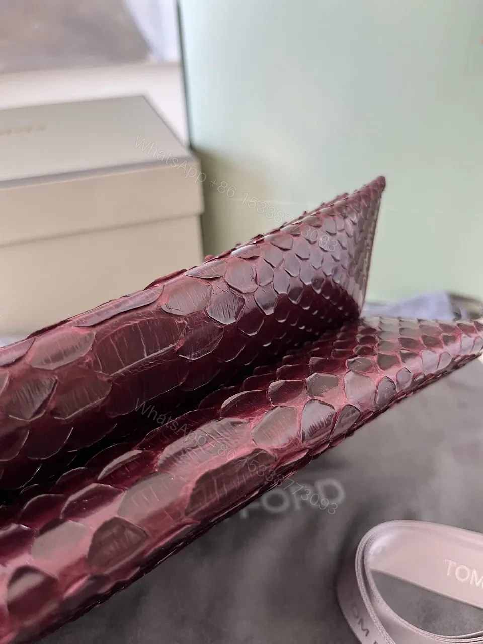 View 5 of Burgundy Python Textured Clutch with TF Gold Hardware
