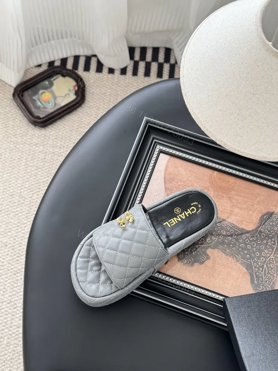 View 6 of Grey Quilted Mule & Slide Set - Lux Comfort, Gold Hardware