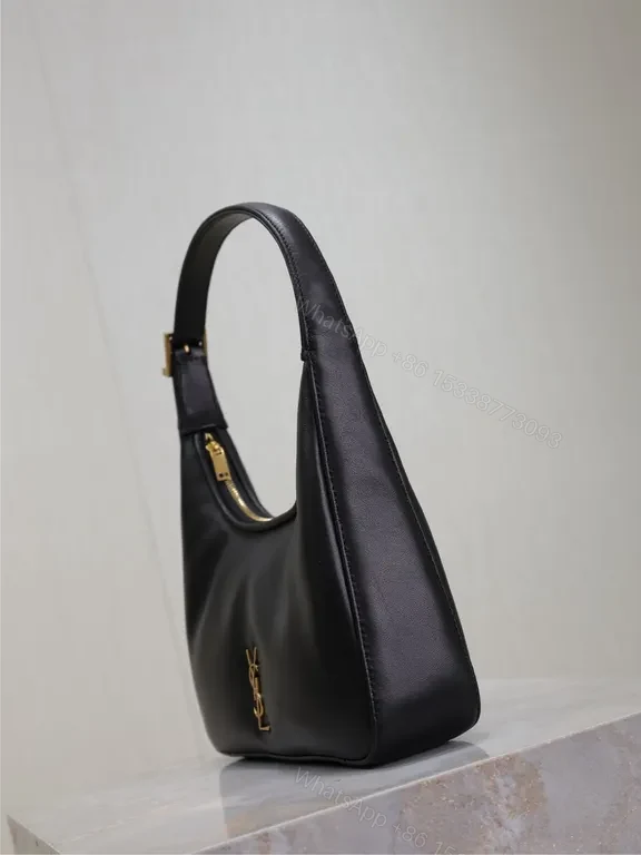View 6 of Chic Black Leather Hobo with Gold YSL Emblem Bag