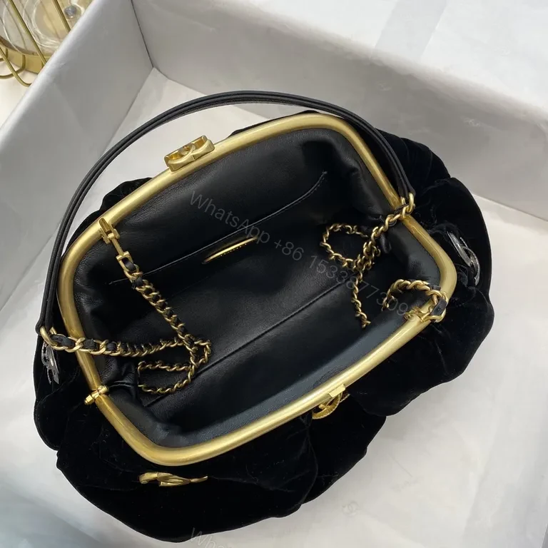 View 7 of Black Velvet Lounge Bag with Goldâ€“Silver Hardware Bag