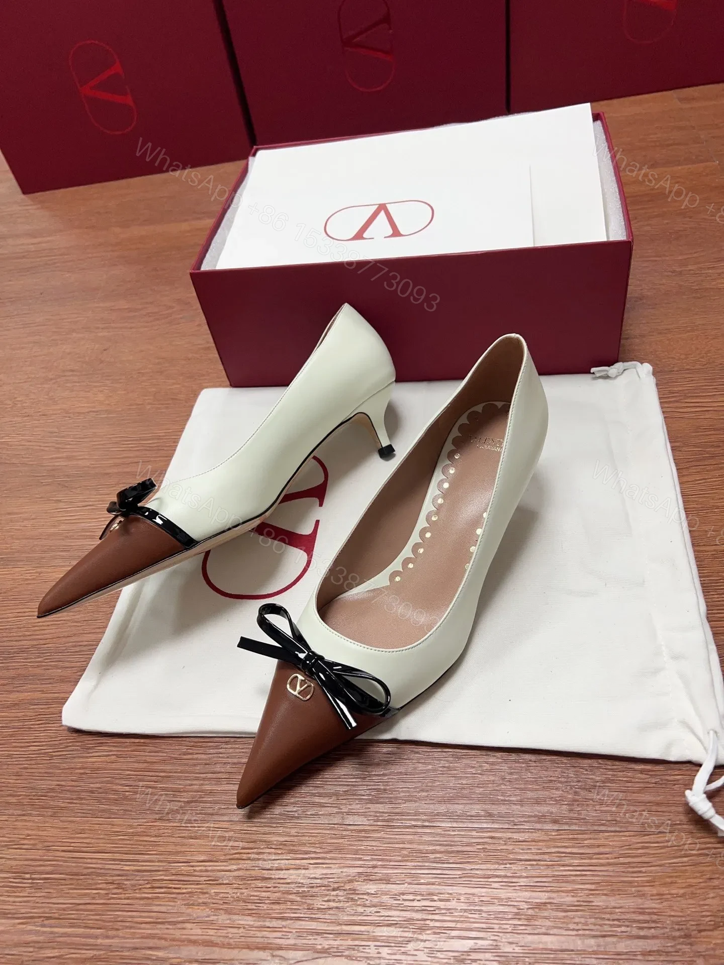 View 3 of Valentino Women Ivory Leather Brown Patent Heels