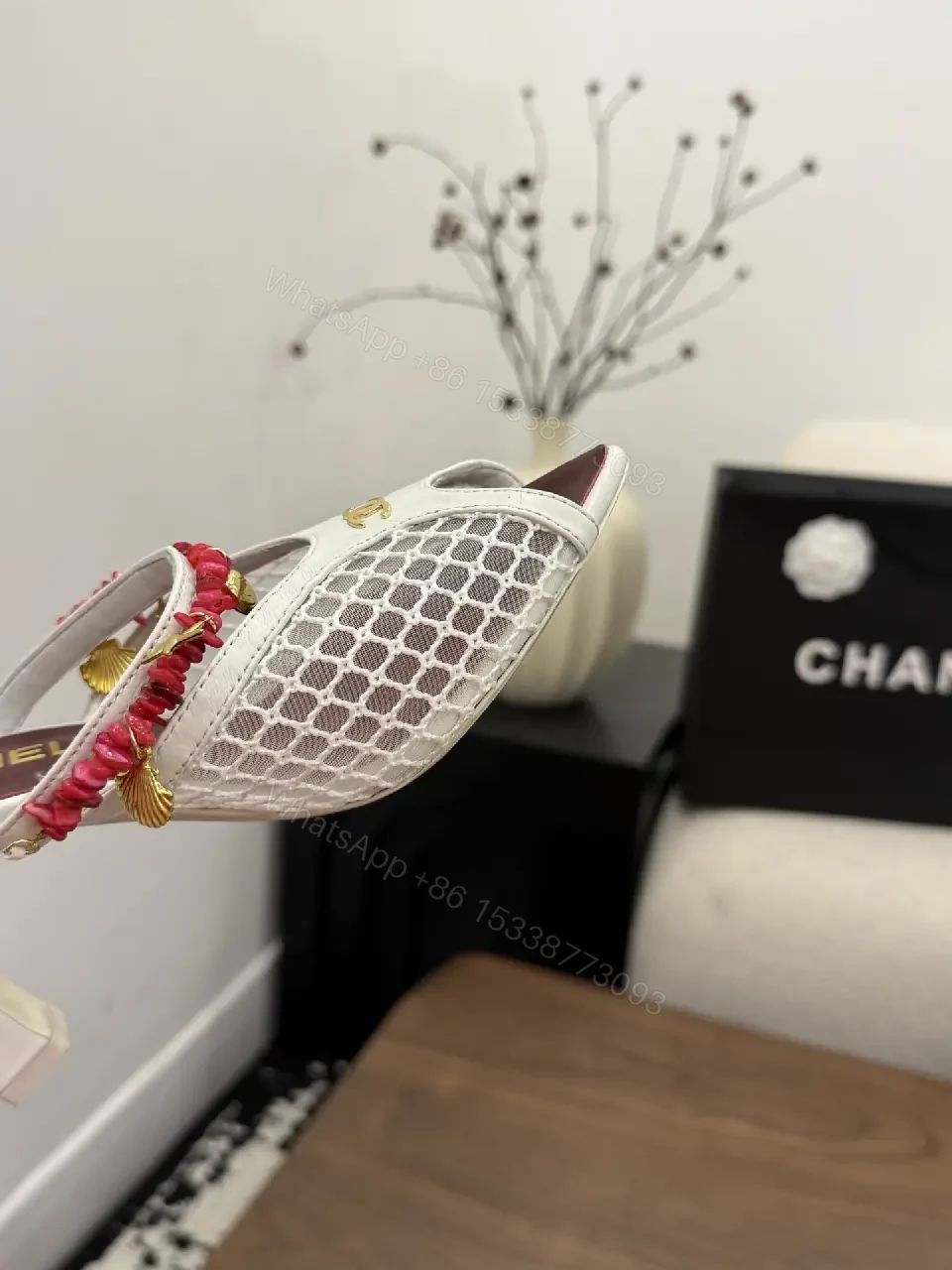 View 4 of White Mesh Slingback Heels with Red Bead Trim, Chanel Style
