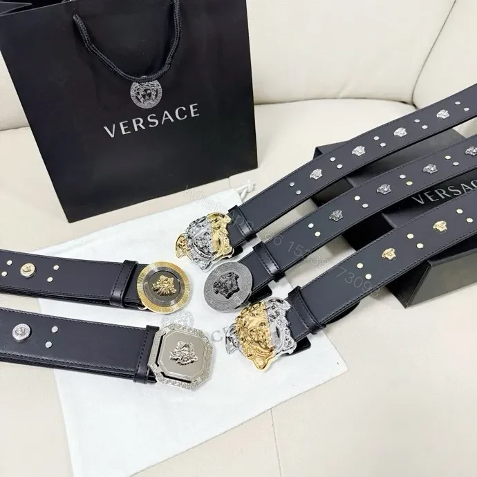 View 8 of Golden Medusa Buckle Belt — Black Leather, Two-Tone Luxury