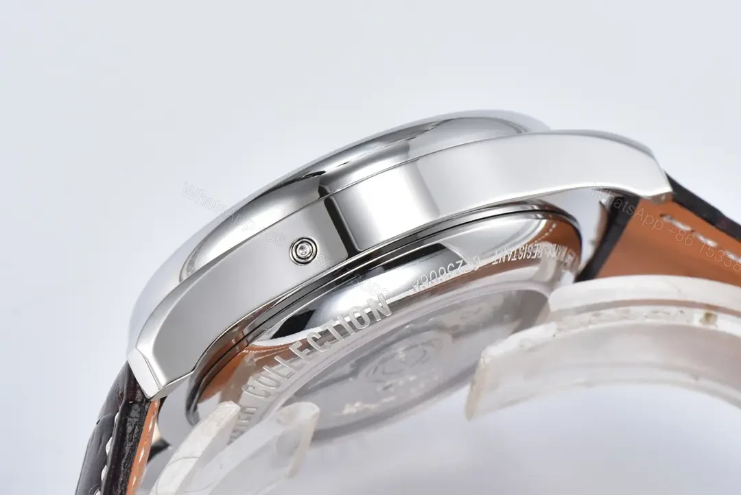 View 7 of Longines Master Collection Moonphase Chronograph Watch Silver Dial Blue Hands Brown Leather Strap 42mm Case