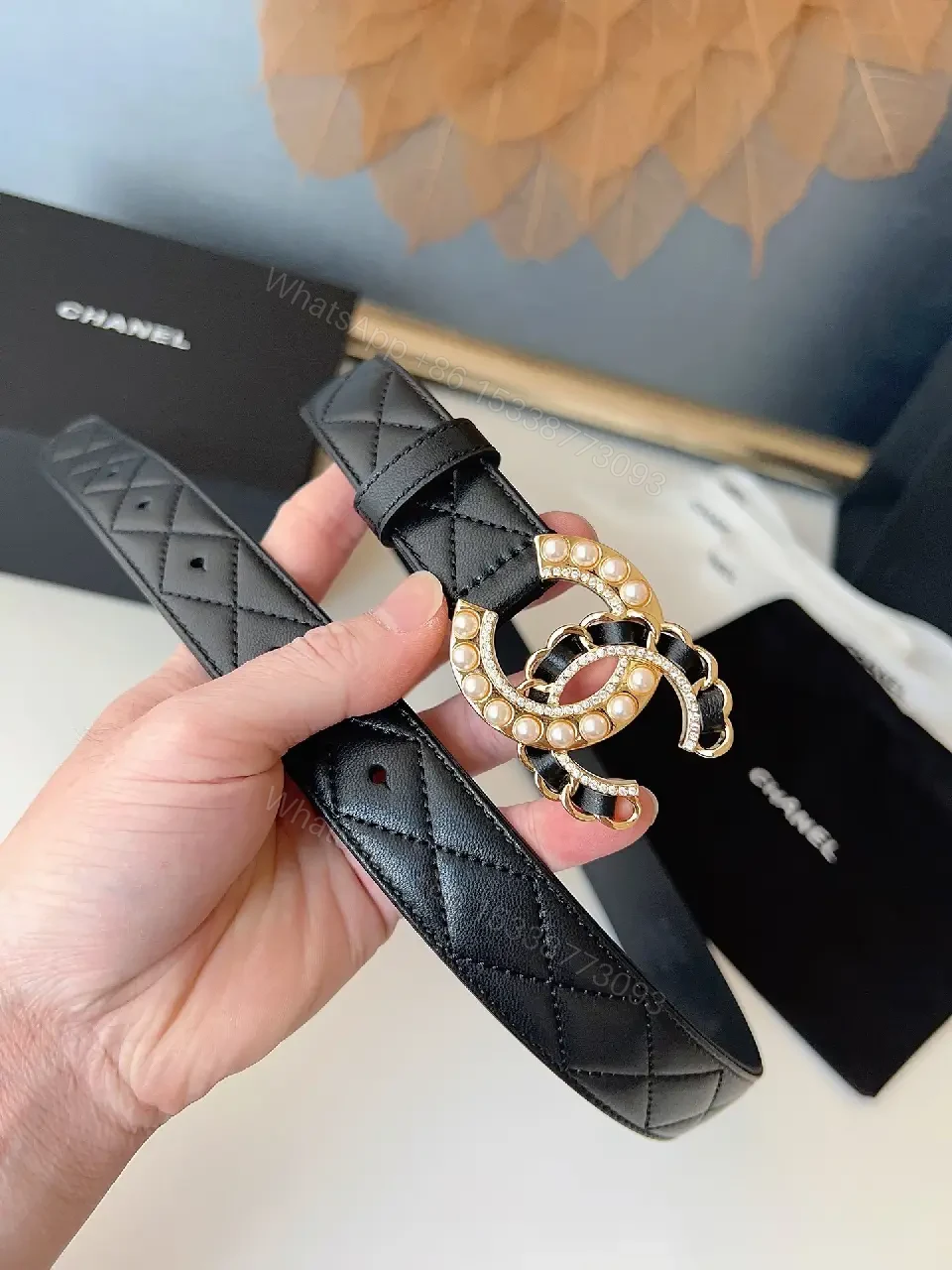 View 5 of Quilted Black Belt with Pearl Buckle - Lux Style Accessory